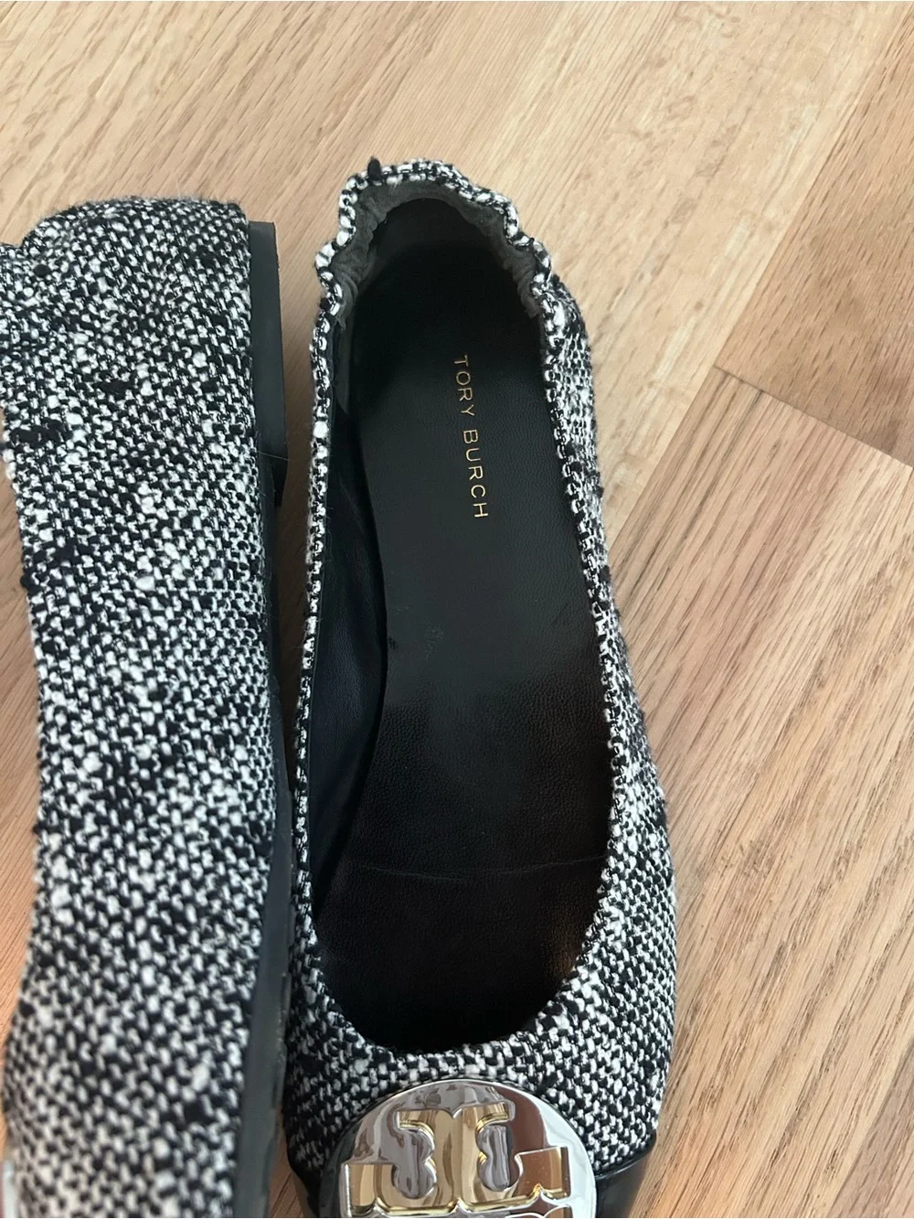 Tory Burch Black & White Tweed Ballet Flats with Gold Logo Cap